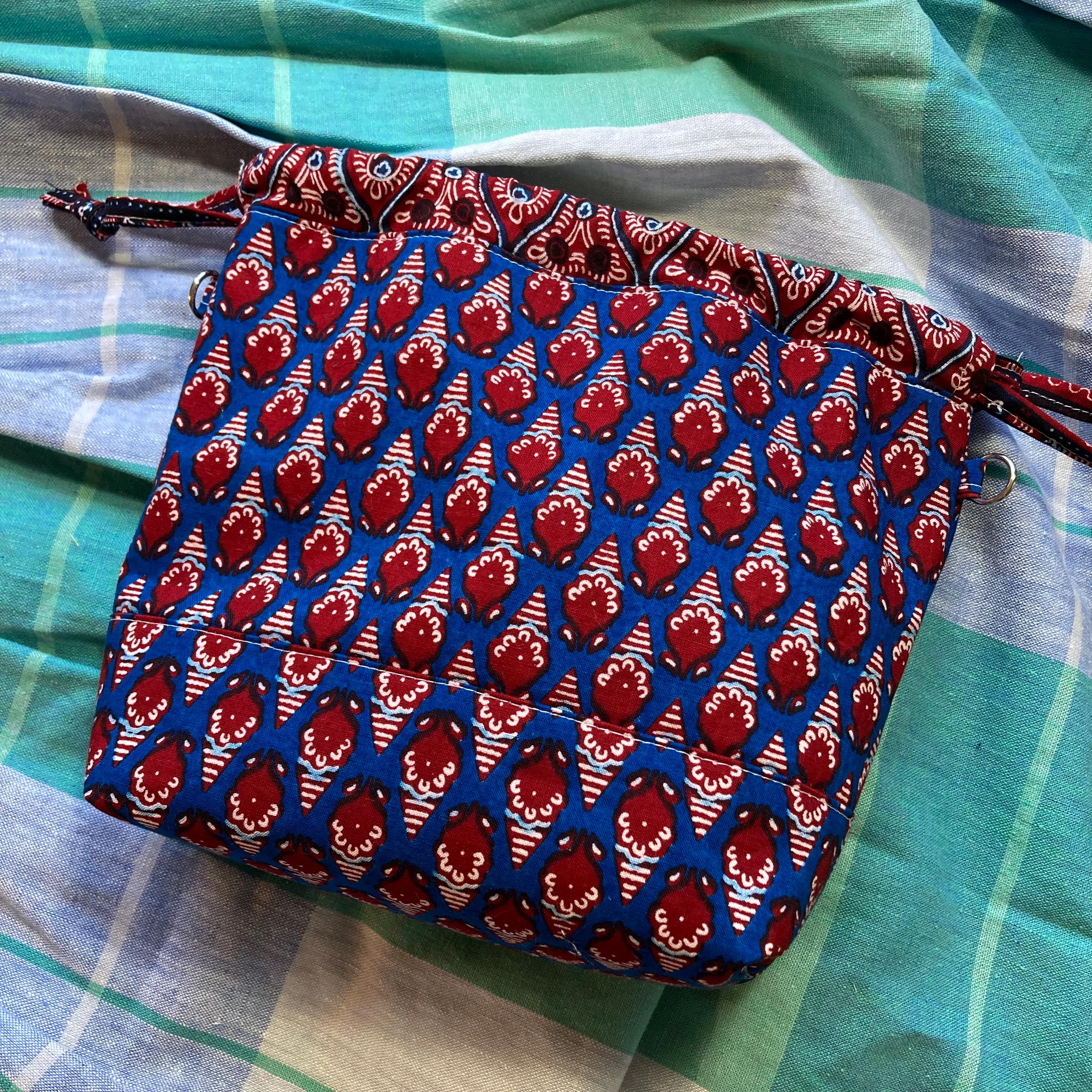 Small Bucket Bag Purse, Blue & Red Batik