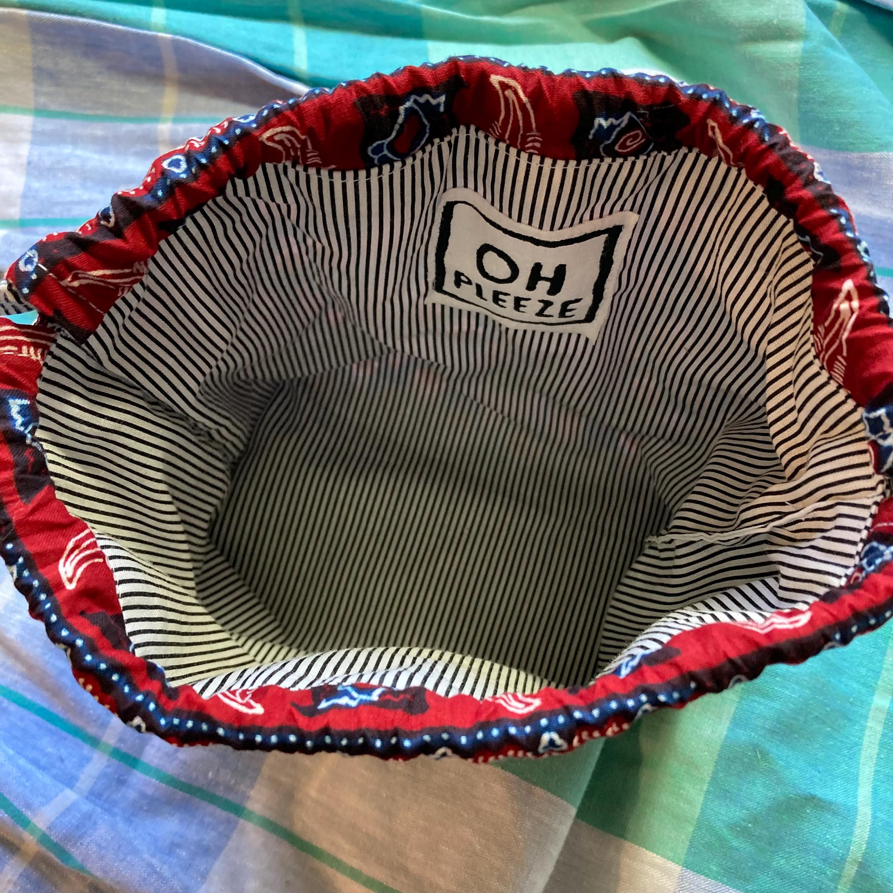 Small Bucket Bag Purse, Blue & Red Batik (Striped Drawstring)