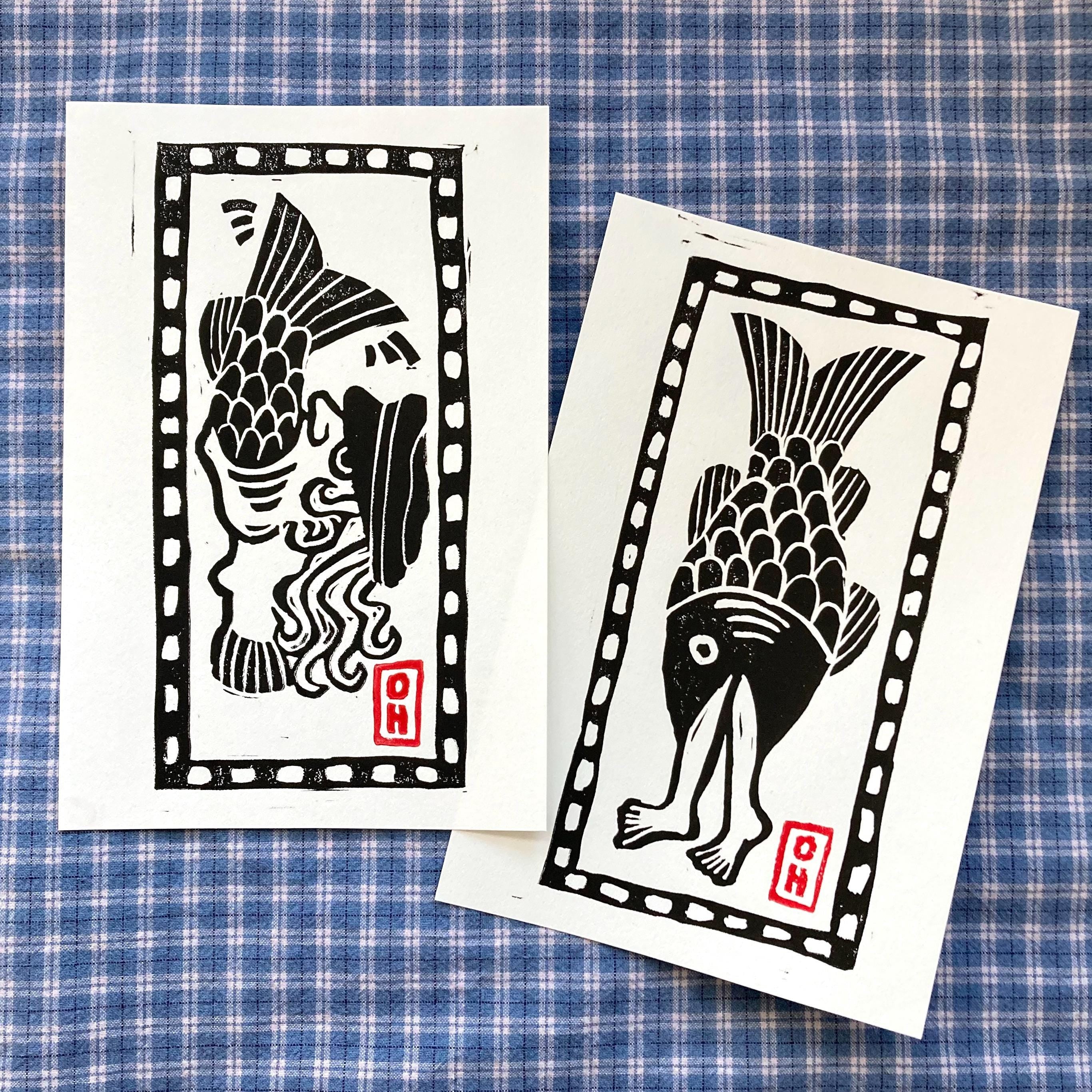 Gone Fishin' I — Block Print On Paper