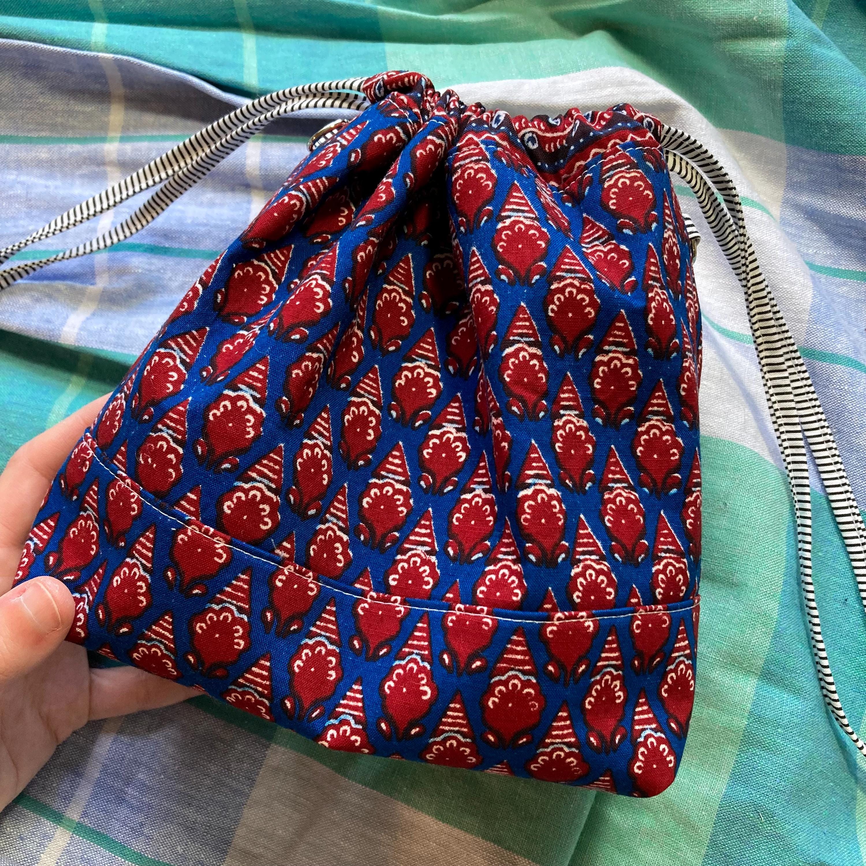 Small Bucket Bag Purse, Blue & Red Batik (Striped Drawstring)