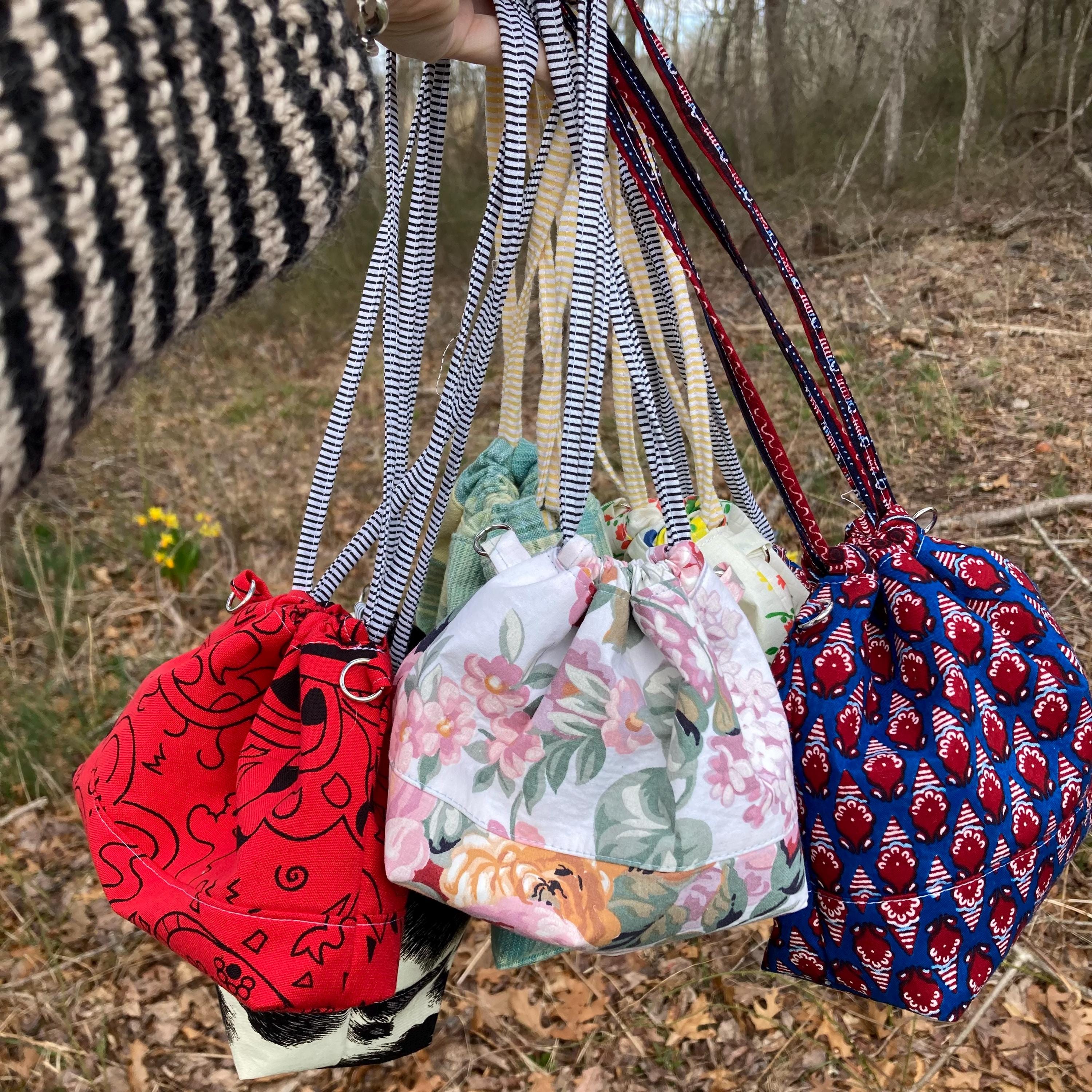 Small Bucket Bag Purse, Blue & Red Batik (Striped Drawstring)