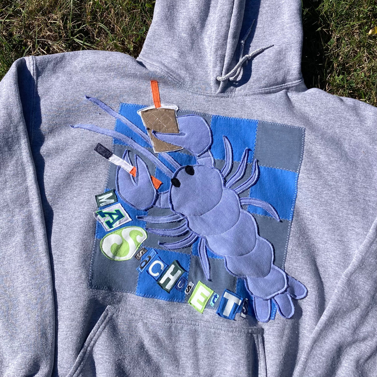 LARGE RARE BLUE Masshole Lobstah Gray Hoodie