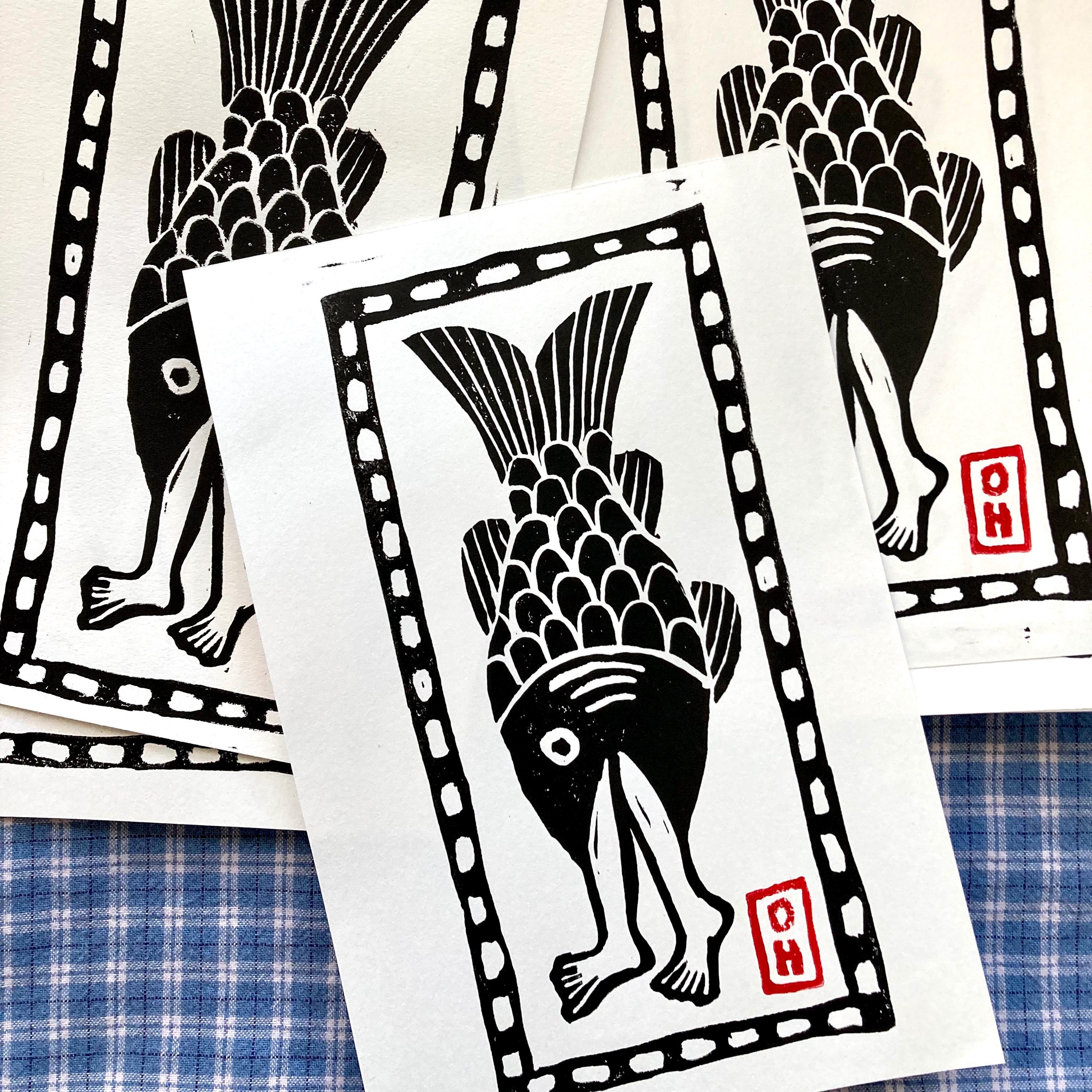 Gone Fishin' I — Block Print On Paper