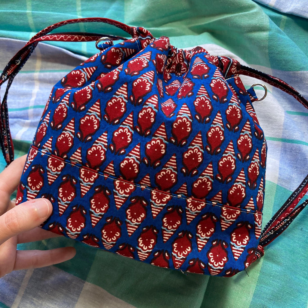 Small Bucket Bag Purse, Blue & Red Batik