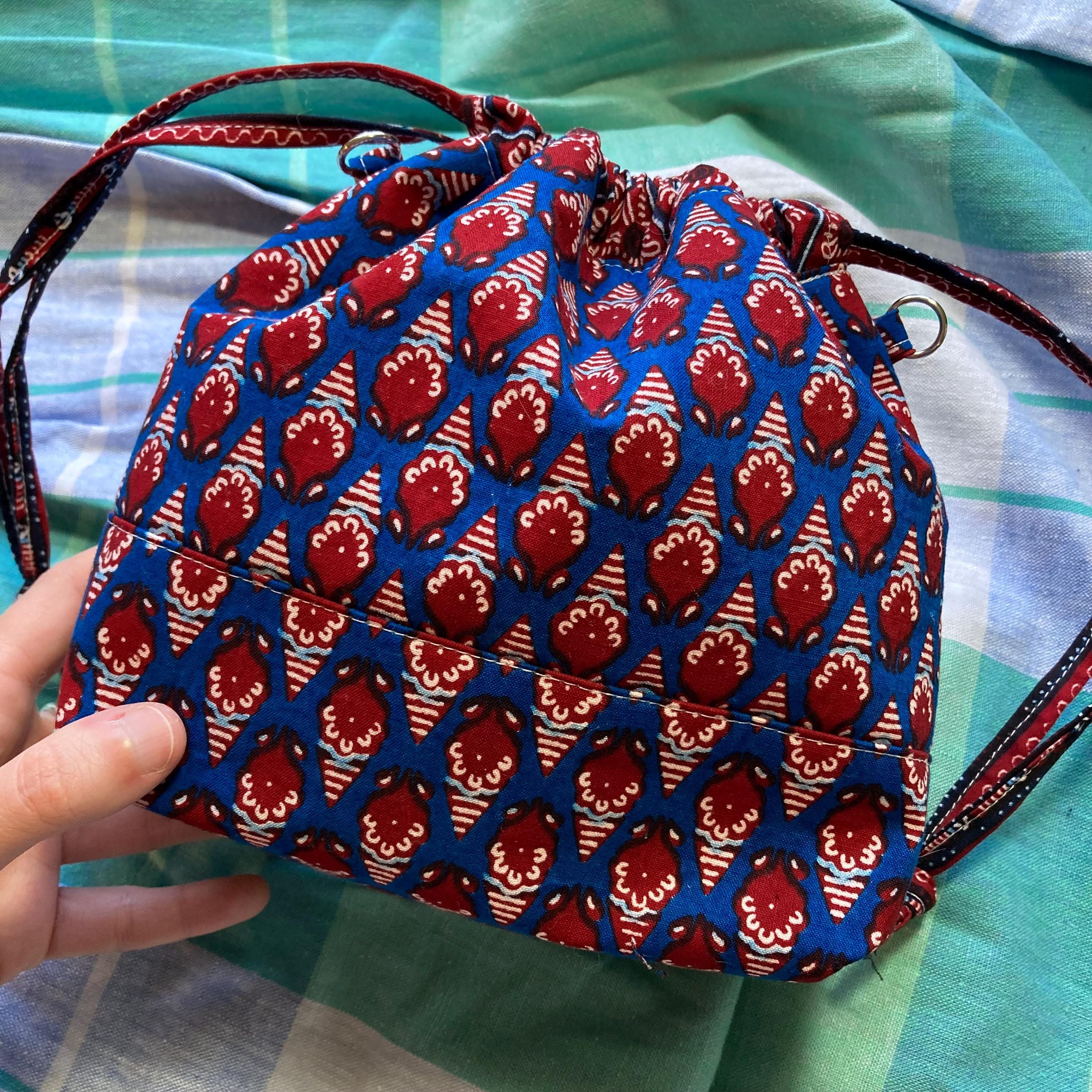 Small Bucket Bag Purse, Blue & Red Batik