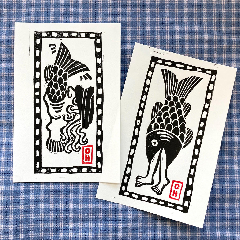 Gone Fishin' II — Block Print On Paper