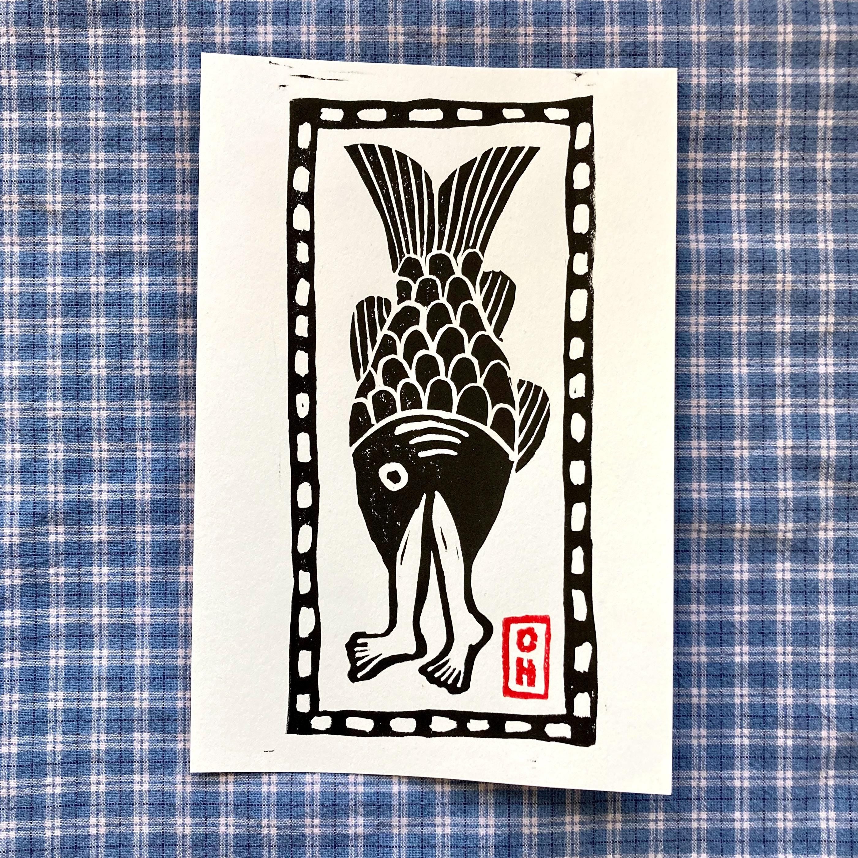 Gone Fishin' I — Block Print On Paper