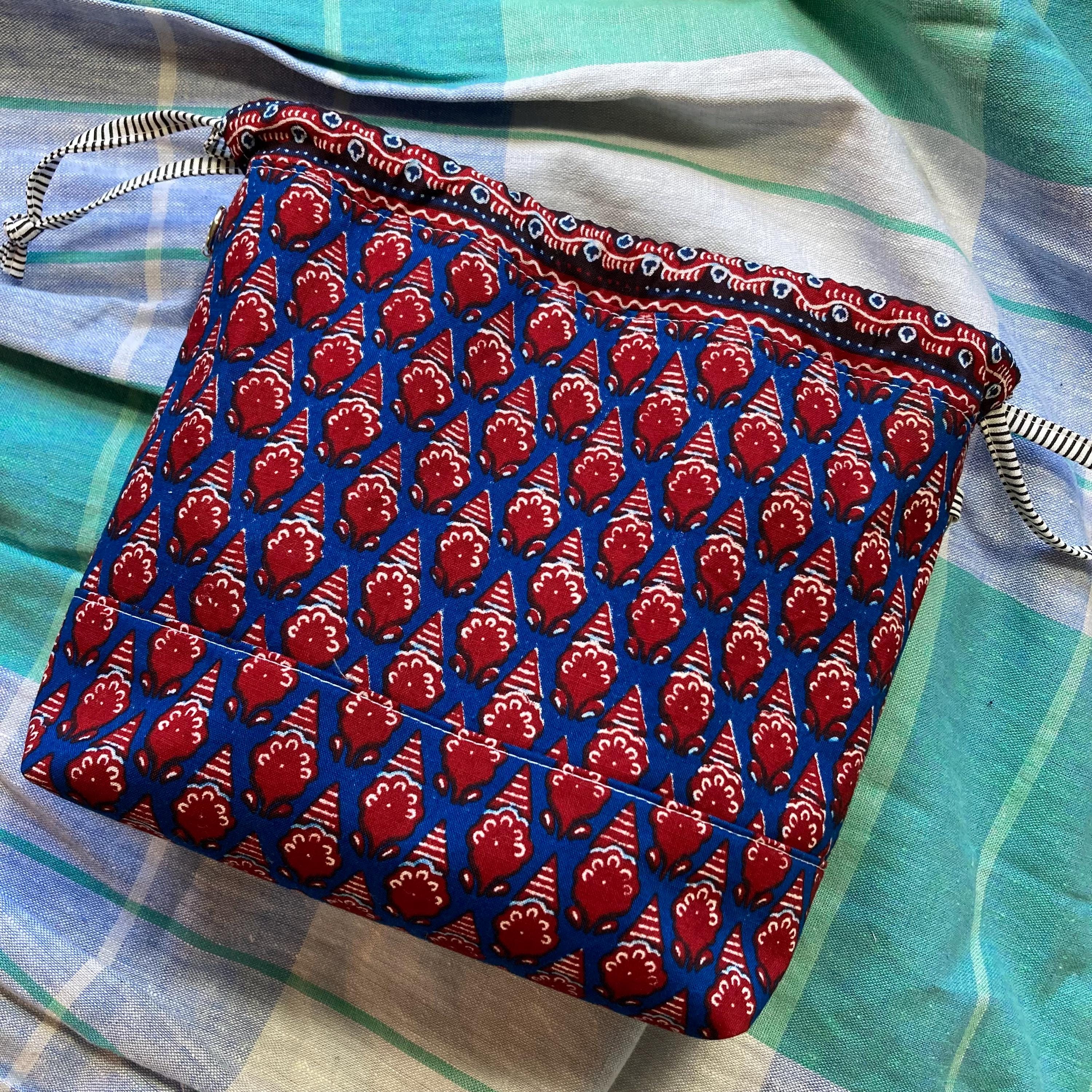 Small Bucket Bag Purse, Blue & Red Batik (Striped Drawstring)